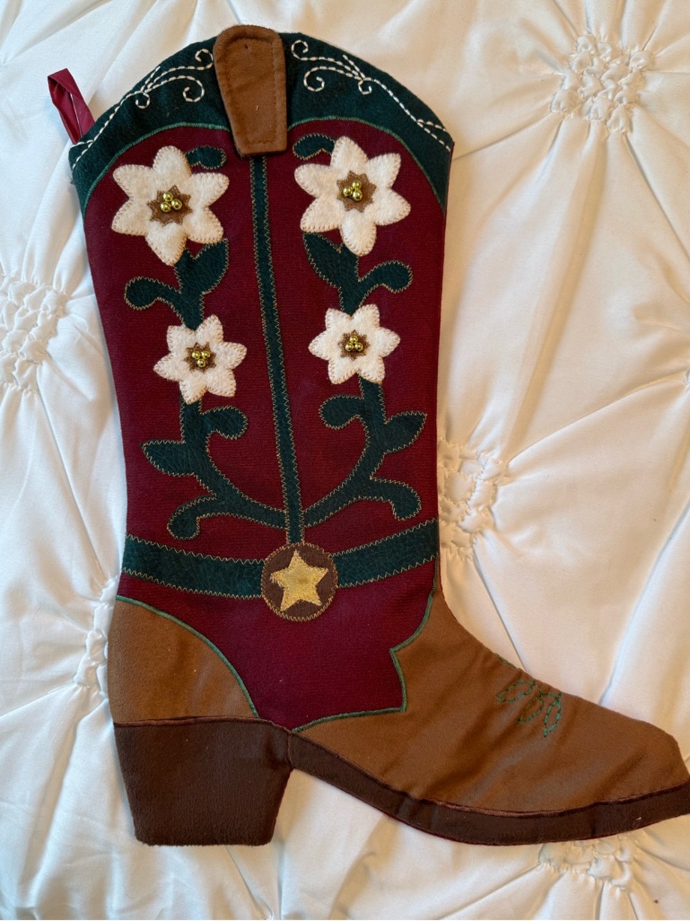 Holiday Western Boot Christmas Stocking - Burgundy, Green & Brown